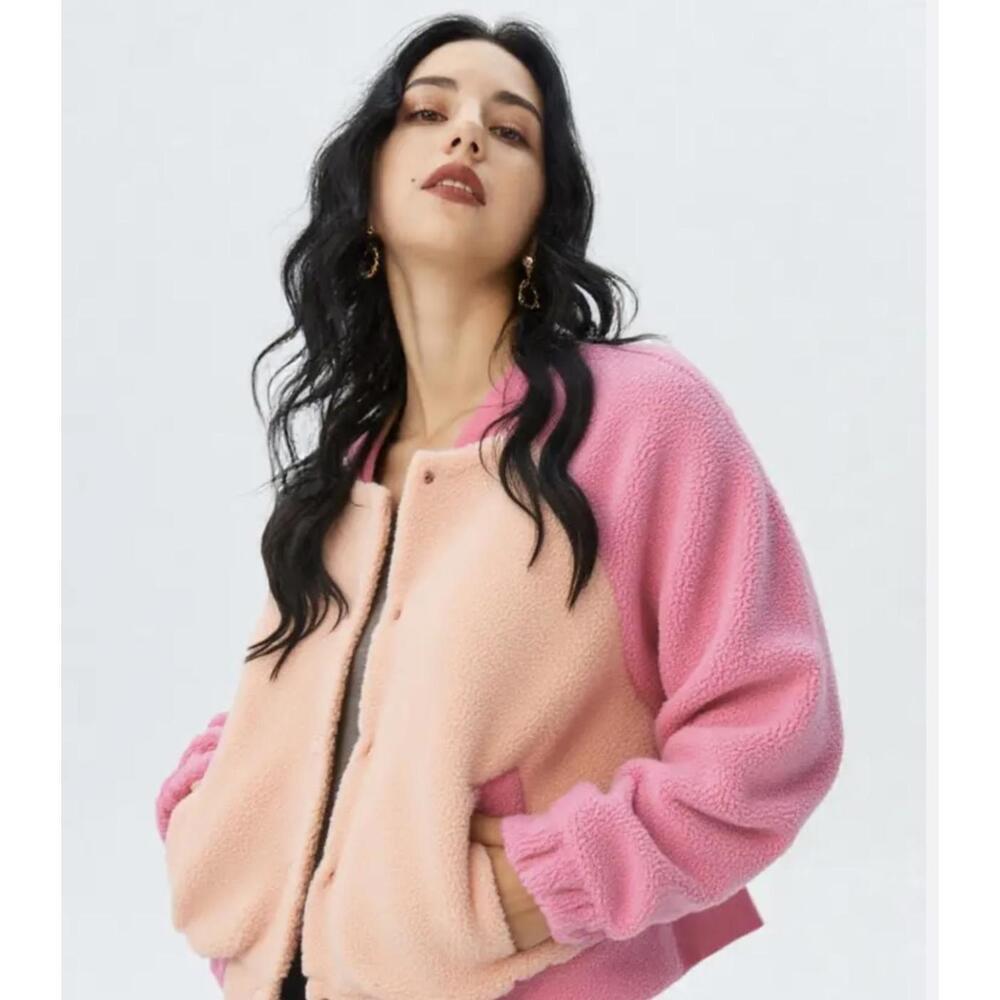 New Boutique Sherpa Bomber Jacket, Pink and Coral, Medium